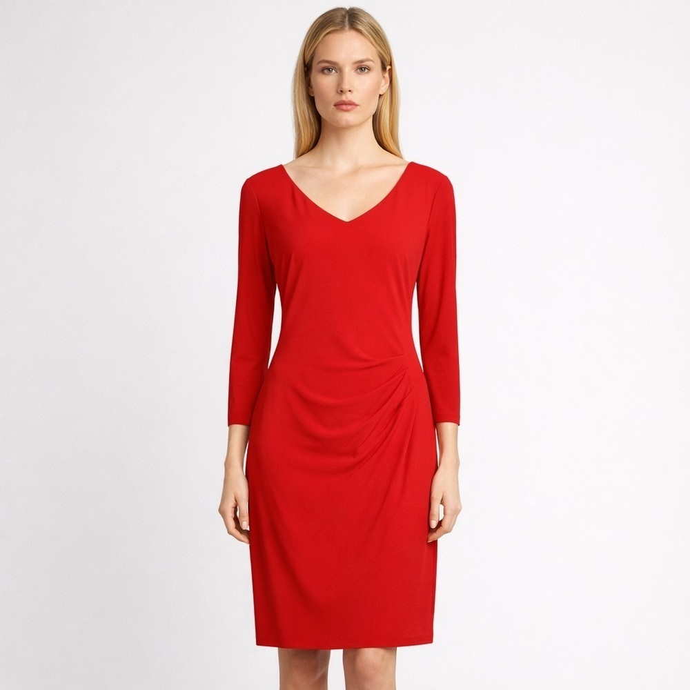 Ralph Lauren LRL Red V-Neck Jersey Midi Dress Ruched Sheath Sz 2 Stretch Bodycon